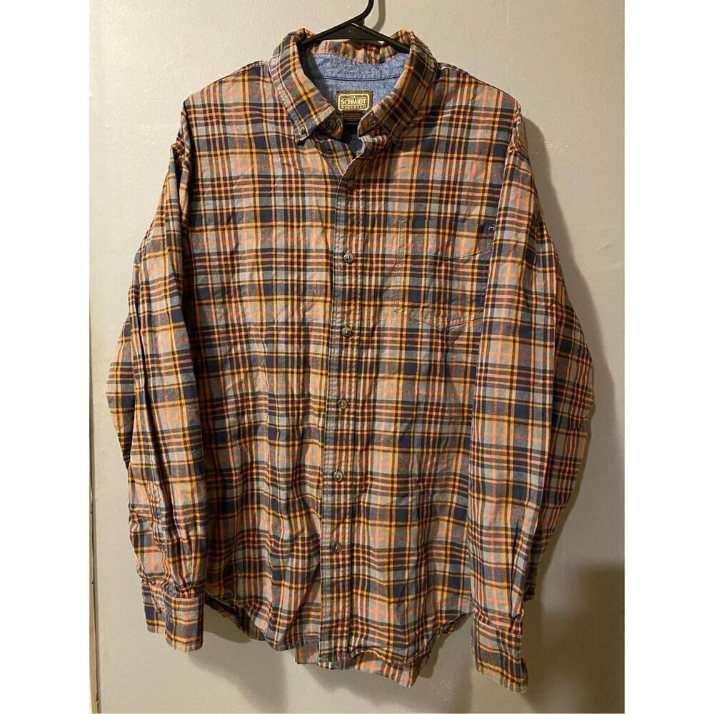 CE Schmidt Workwear Shirt Long Sleeve Plaid Button Orange Gray Size XL